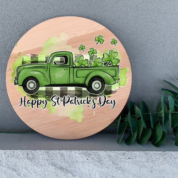 St Patricks Day Decor Old Truck with Happy St. Patricks Day 12" Round Birch Wood - Picture 1 of 2